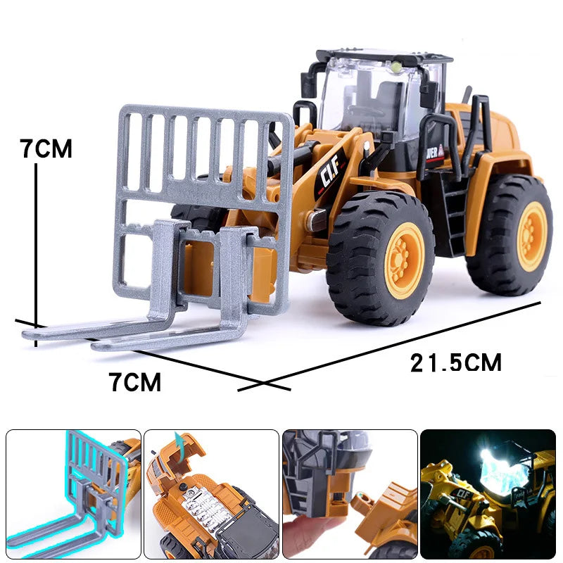 1/50 Excavator Forklift Snowplow Truck Model Car Toys Diecast Alloy Engineering Vehicle Rubber Tire Sound Light Toy Gift for Kid