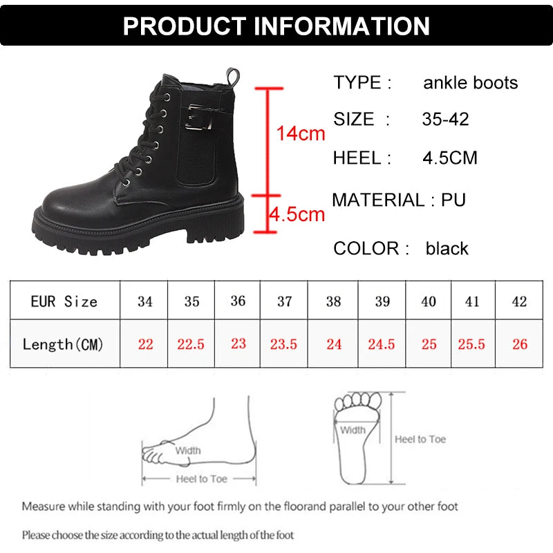 Fashion Buckle Platform Ankle Boots for Women Black Lace Up Thick Sole Motorcycle Boots Woman Plus Size Pu Leather Booties Mujer