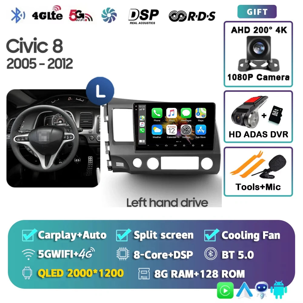 For Honda Civic 8 2005 - 2012 Android 15 Carplay Auto 4G WIFI Car Radio Multimedia Stereo Video Player GPS Navigation Plug and P