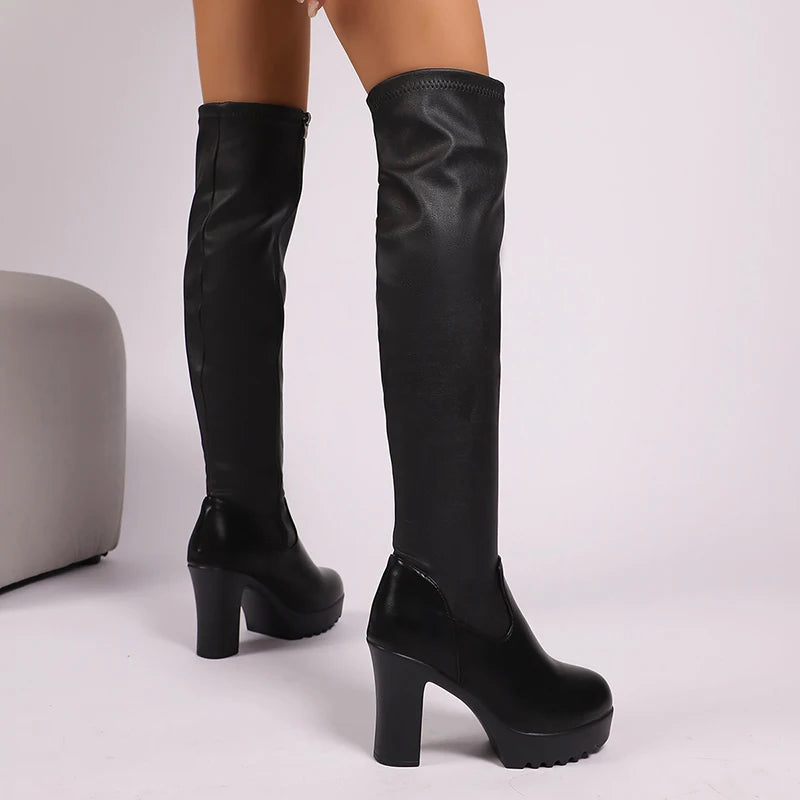 Super High Heels Black Over The Knee Boots Women Pu Leather Chunky Platform Long Boots Woman Side Zipper Fleece Punk Botas Mujer