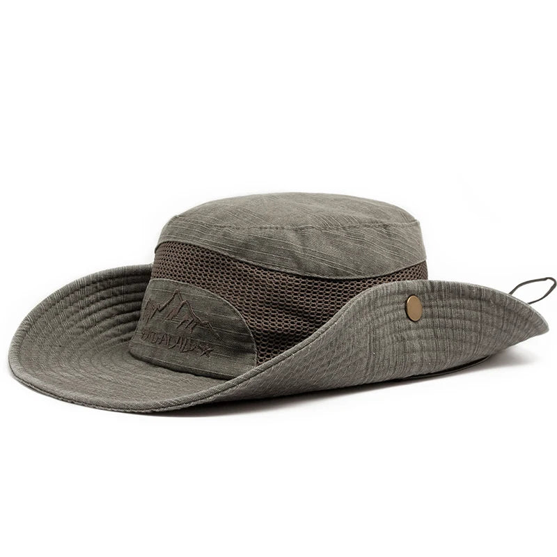 Men Summer Bucket Hat For Outdoor UV Protection Cotton Mesh Cap Panama Jungle Fisherman Hiking Travel Beach With Windproof Rope