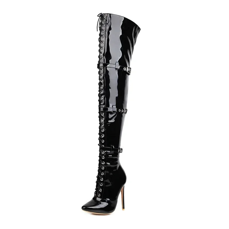 Sexy Red Thin High Heels Over The Knee Boots Women Cross Tied Pointed Toe Thigh High Boots Woman Patent Leather Long Botas 33-46