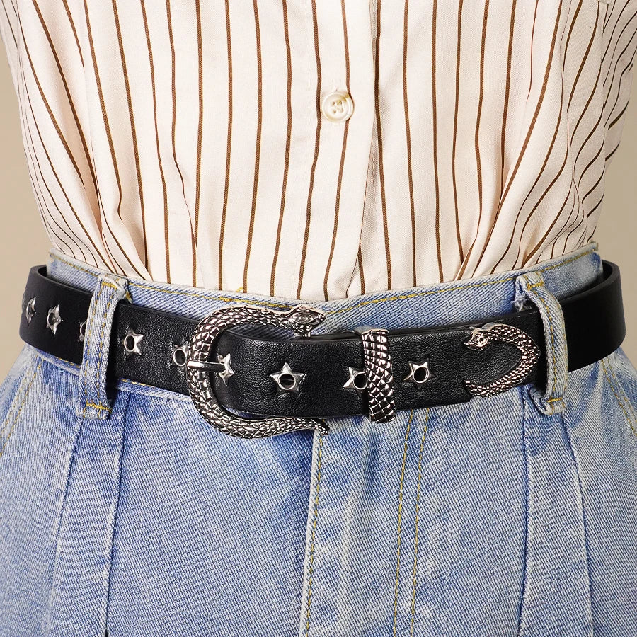 Black Snake Buckle Y2K Style Women's Belt, Star Hollow Leisure Belt, Daily Business Commuting Holiday Decoration