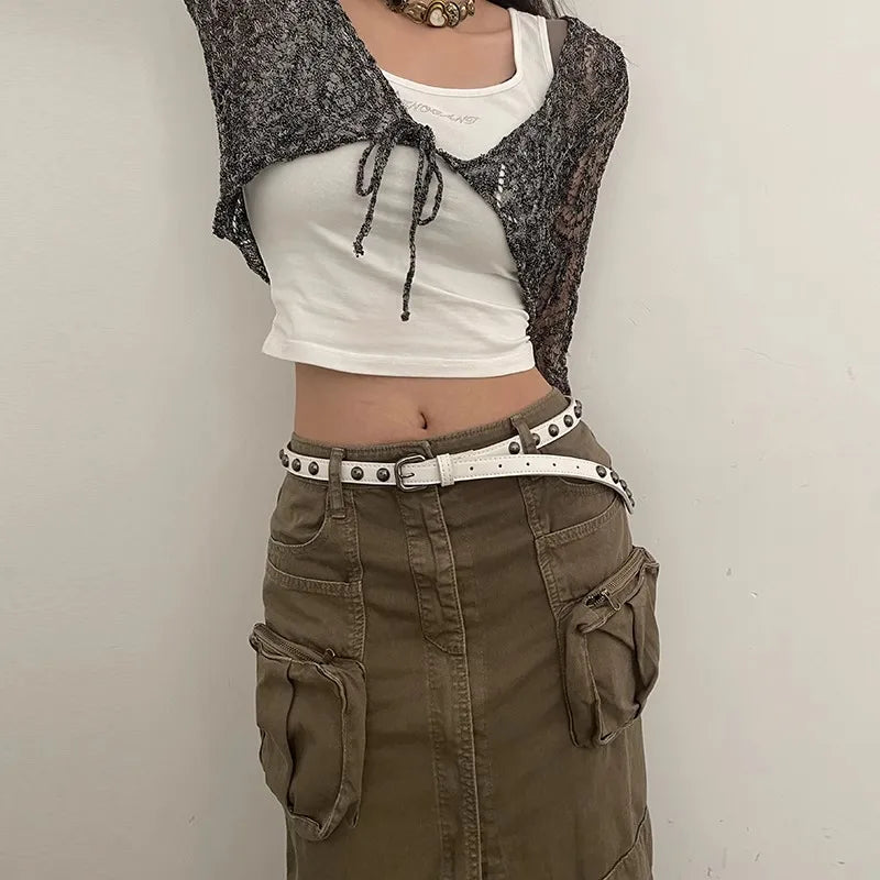 Women's American Vintage Belt 2025 New Casual Rivet Thin Leather Belt Punk Style Metal Rock Unique Versatile