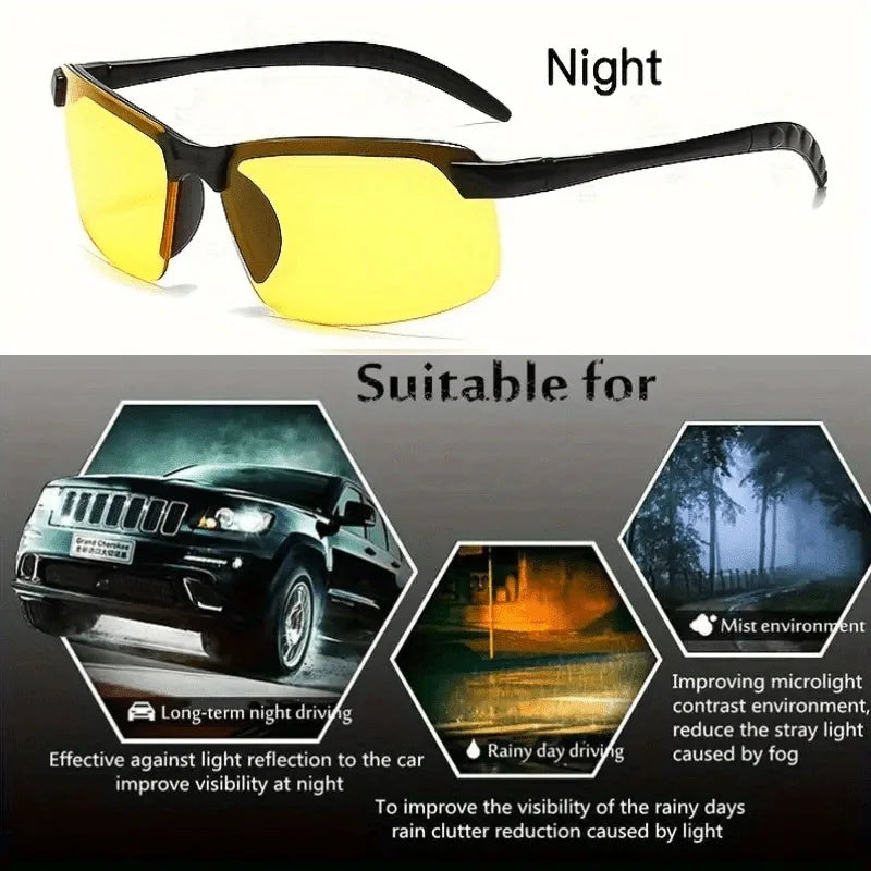 2-piece set, men's and women's day and night driving glasses, stylish square frame with yellow PC lenses