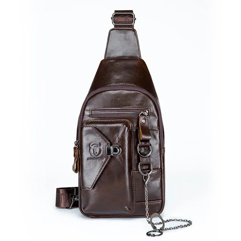 BULLCAPTAINN 100% Genuine Leather Men's Chest Bag Shoulder Messenger Bags Chest Fashion Brand Multifunctional Mobile Phone Bag's