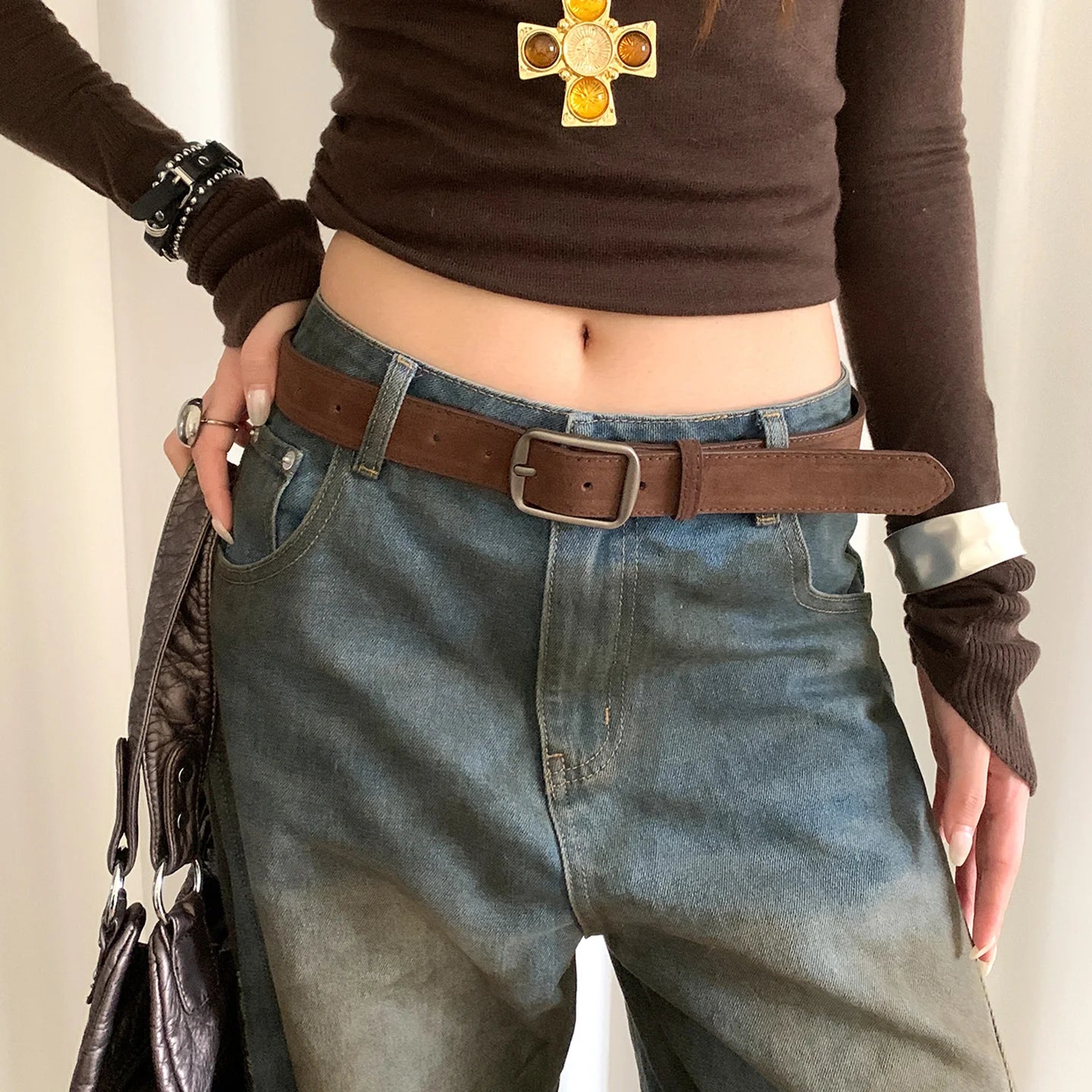 Korean Version Of Retro Velvet Brown Belt For Women A Small Number Of Skirts And Jeans Belts With A High-End Feel