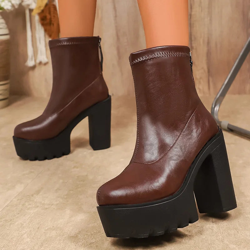 Black Pu Leather High Heel Ankle Boots Women Punk Back Zipper Chunky Platform Boots Woman Plus Size 43 Thick Heels Short Booties