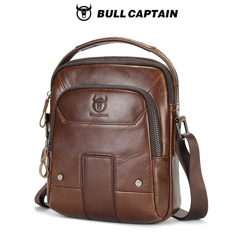 BULLCAPTIAN Men's Genuine Leather Shoulder Bag Multi functional Handheld Postman Bag Double layer 7.9-inch Computer Shoulder Bag