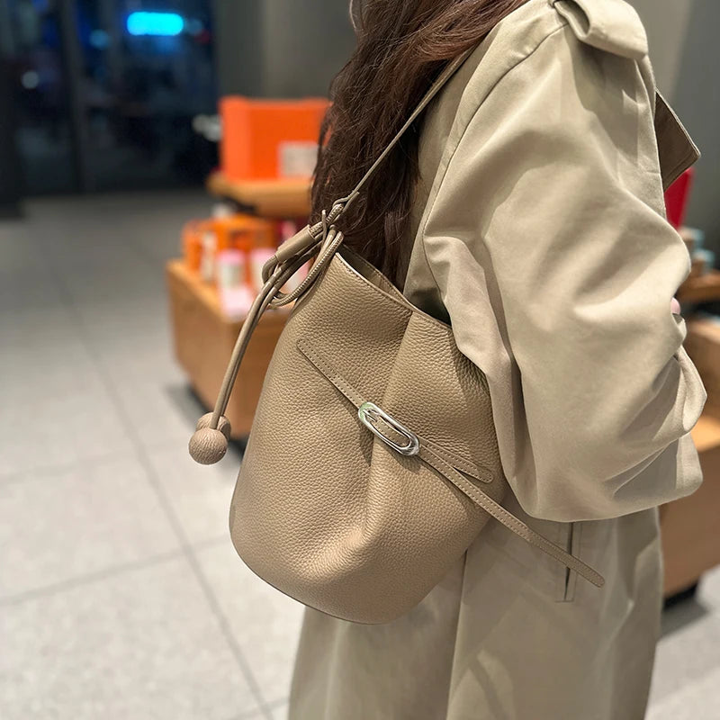 Women Mini Genuine Leather Bucket Bag Real Leather Crossbody & Top Handle Drawstring Shoulder Bag Luxury Designer Underarm Bags
