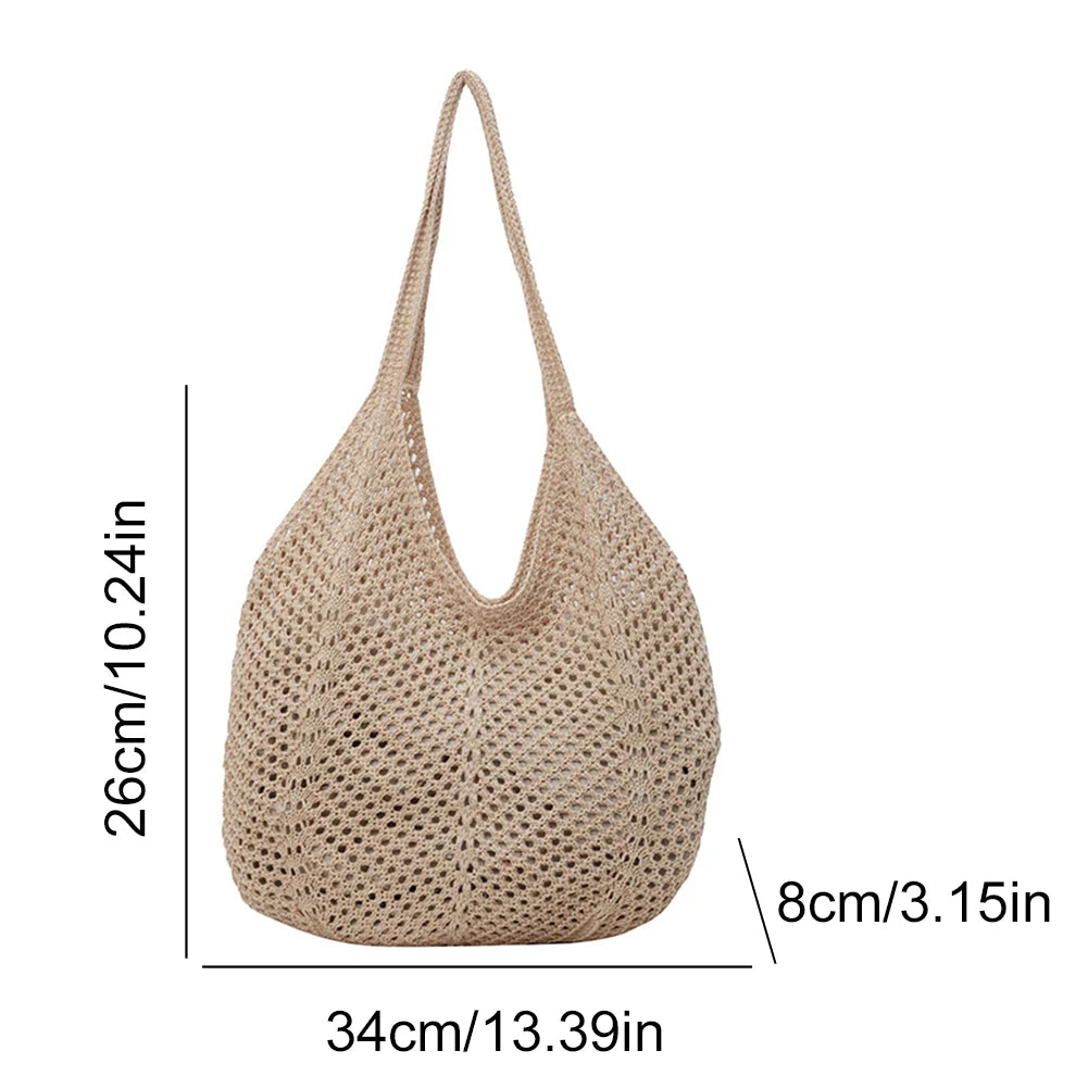 Women Knitting Shoulder Bag Large Capacity Knitting Underarm Bag Solid Crochet Tote Handbag Summer Mesh Beach Bag Hobo Bag