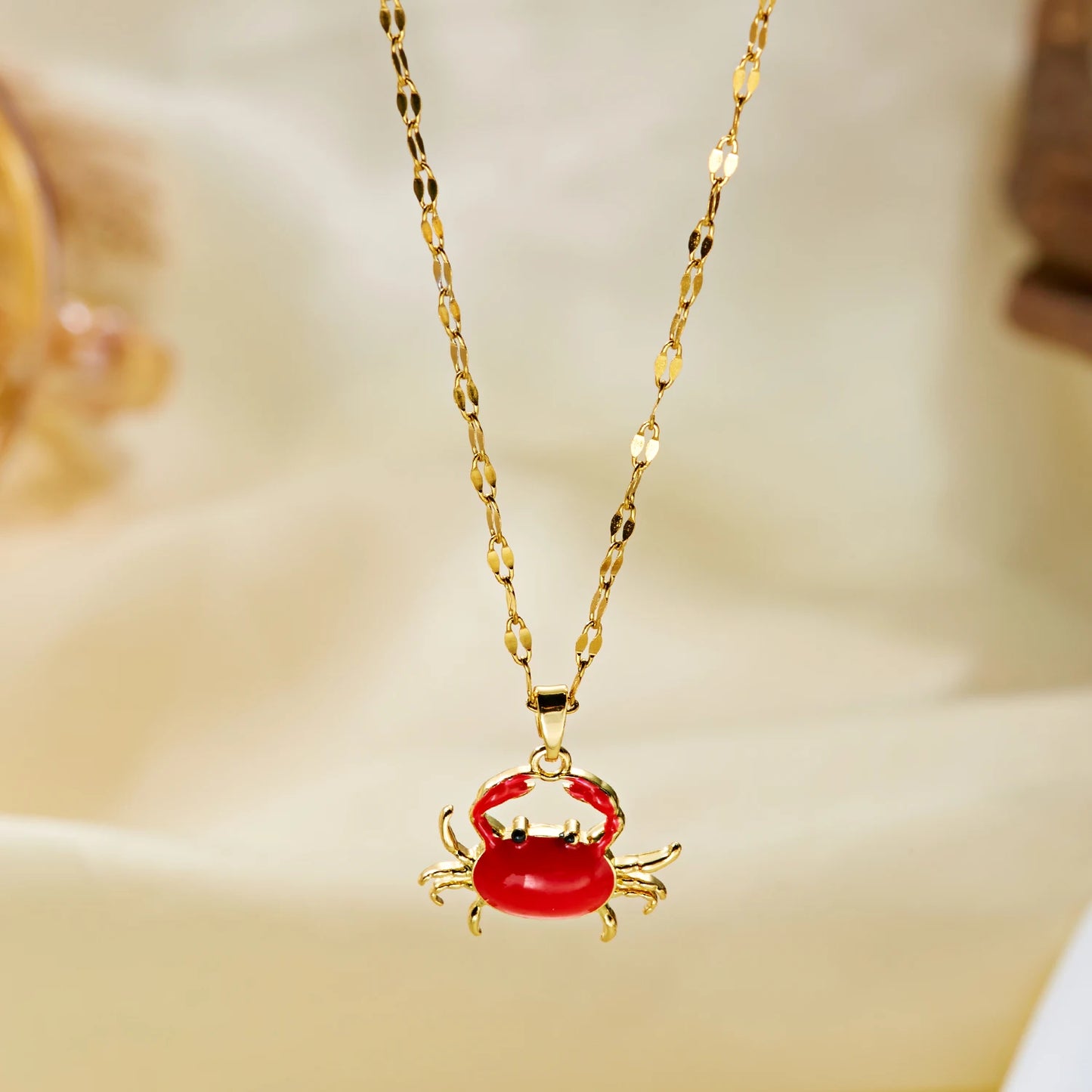 Minimalist Red Enamel Crab Pendant Necklace for Women Copper Gold Tone Chain Simple Ocean Charm Cute Statement Jewelry Gift