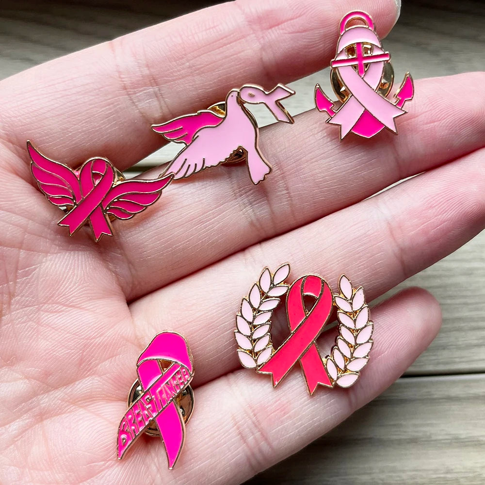 5pcs Pink Ribbon Enamel Pins Set, Breast Cancer Awareness Gifts for Women, Support Survivor Fighter Brooch Badges