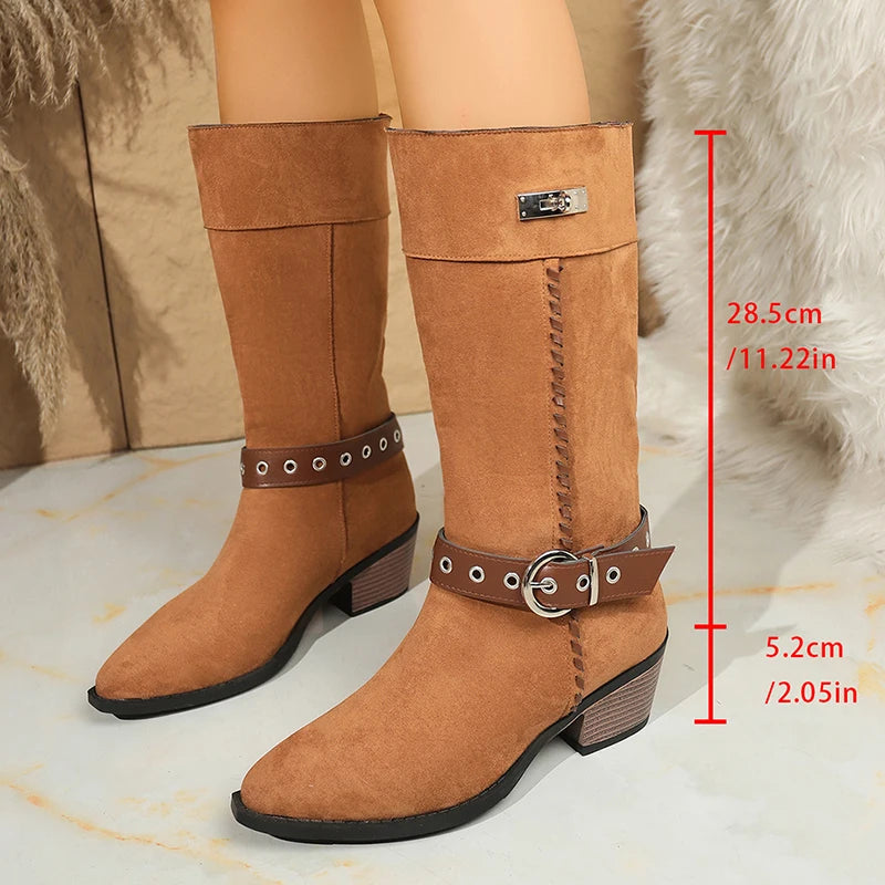Belt Buckle Thick Heels Western Boots Women Retro Slip On Pointed Toe Knee High Boots Woman Plus Size Knight Long Botas Mujer