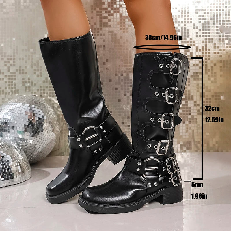 Fashion Buckle Platform Motorcycle Boots Women Plus Size 43 Thick Heels Punk Knee High Boots Woman Pu Leather Goth Long Botas