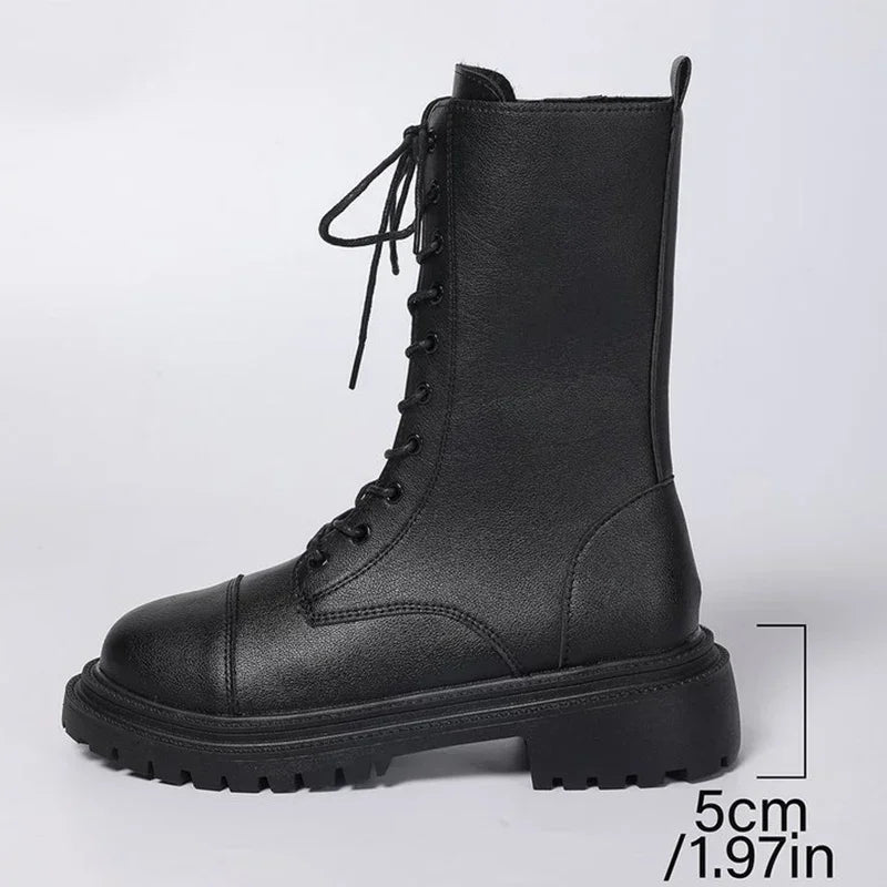 Fashion Solid Zip Mid Calf Boots for Women Autumn Winter Platform Heels Motorcycle Boots Women Temperament Lace-Up Shoes Woman