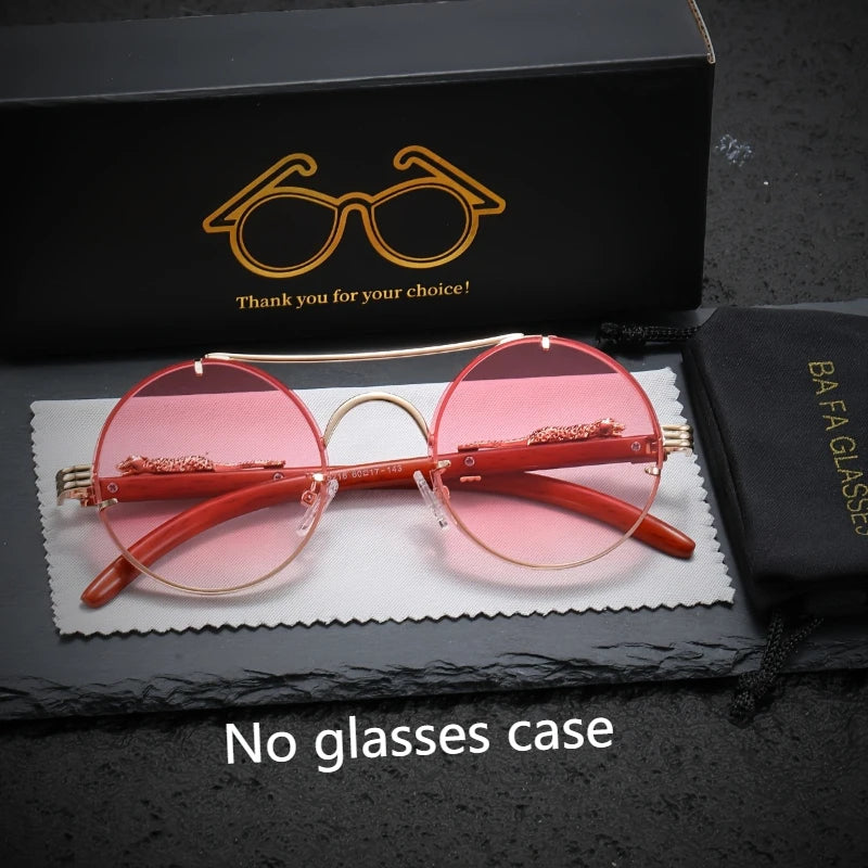 Unisex Retro Round Lens Metal Leopard Imitation Wood Grain Temple Design Fashionable and Trendy Decorative Glasses