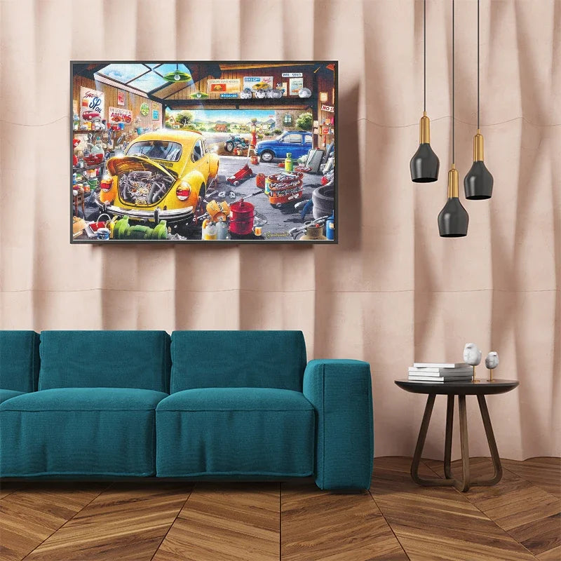 75*50cm Adult Paper Jigsaw Puzzle 1000pcs Car Repair Shop Garage Paintings Stress Relief Entertainment Educational Toys