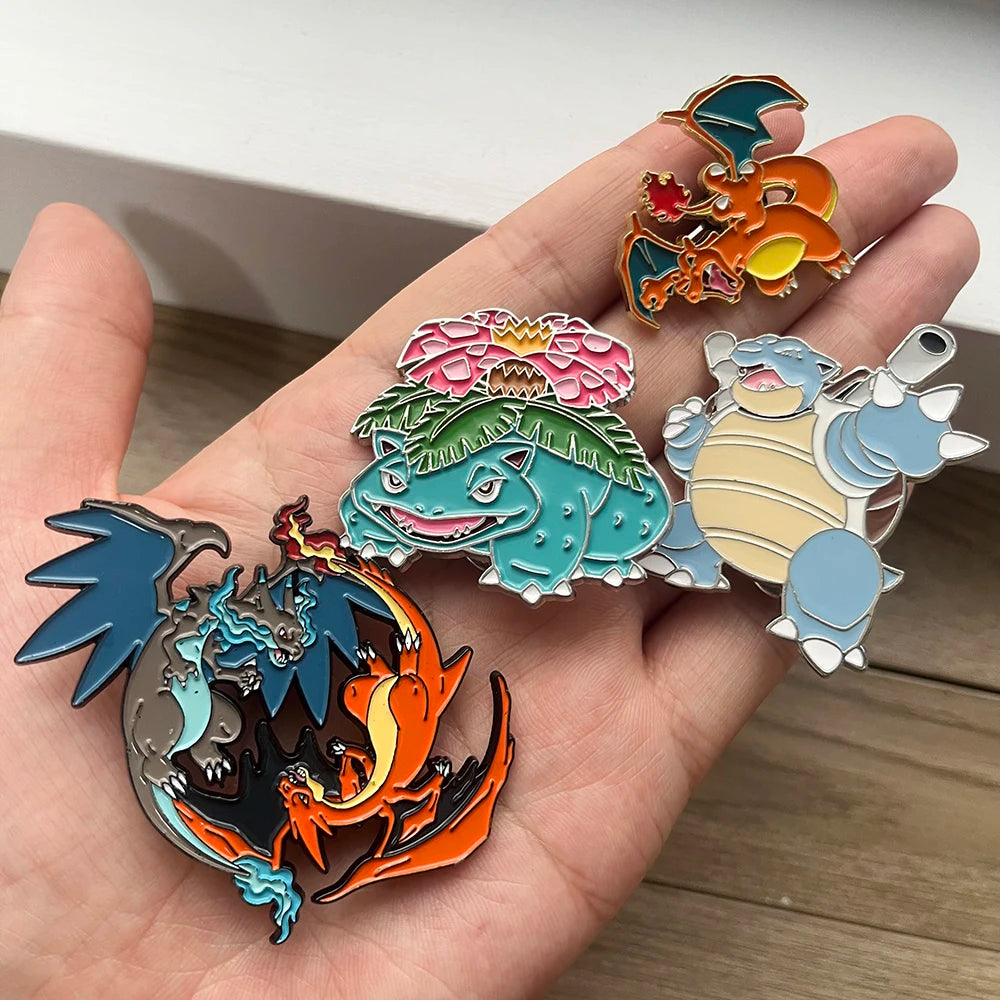 4 PCS Cartoon Pokemon Lapel Pins Set Anime Venusaur Mega Charizard Squirtle Badges Brooches for Backpacks Unisex Enamel Pin
