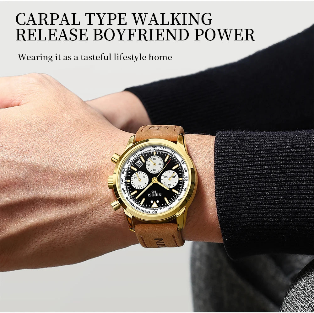 NIBOSI Men Watch Luxury Sports Waterproof Leather Clock Chronograph Watches 2