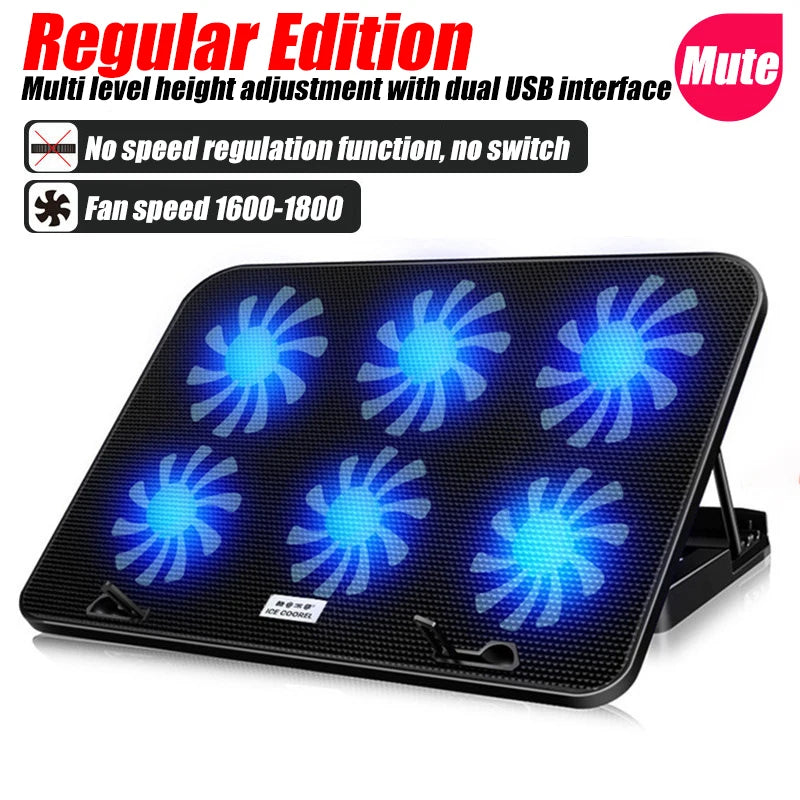 RGB Laptop Cooler 2 USB, 6 Fan Gaming Led Light Notebook Cooler 13-18 In Stand