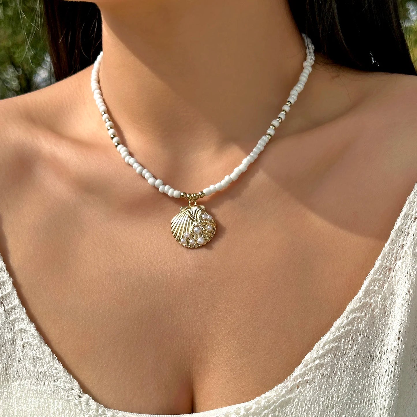 Charming Ceramic Fish Conch Starfish Pendant Necklace for Women Boho Colorful Acrylic Beads Choker Necklace Summer Beach Jewelry