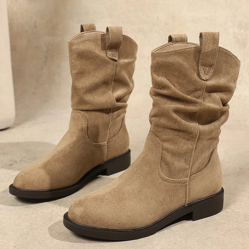 Autumn Winter Low Heel Mid Calf Boots Women 2025 Plus Size Slip On Western Boots Woman Vintage Pleated Design Flock Botas Mujer