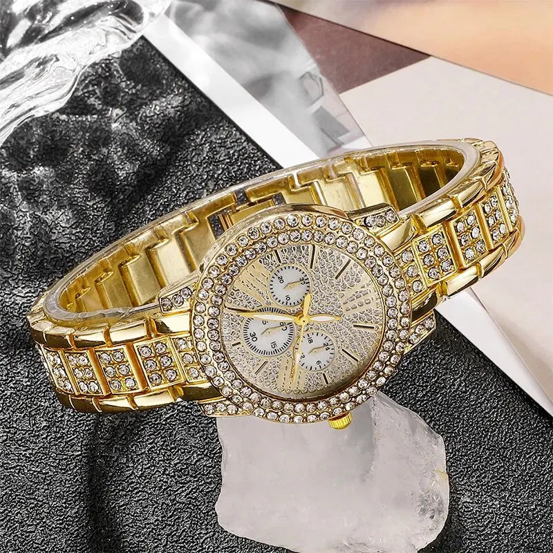 6PCS Women Quartz Watch Gold Luxury Ring Necklace Earring Wristwatch Jewelry Set