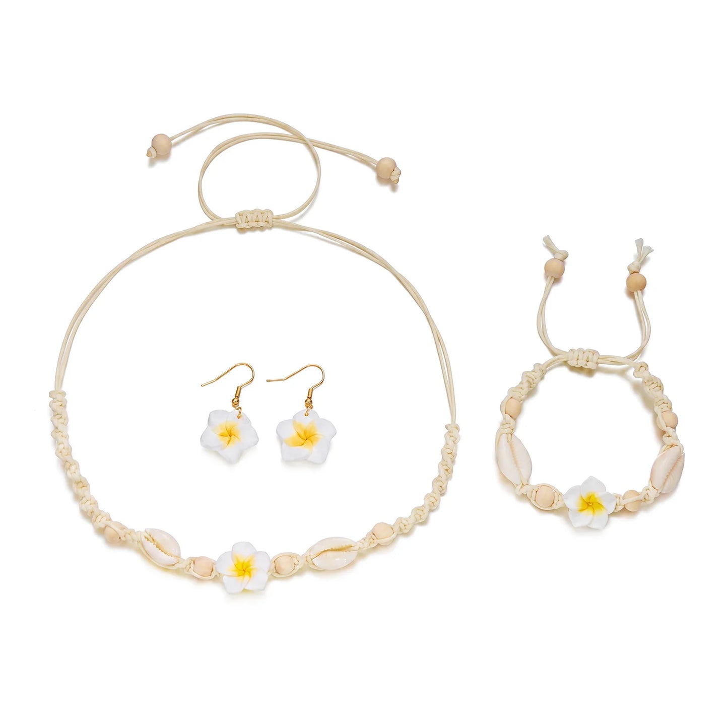 Boho Hawaiian Plumeria Flower Jewelry Set for Women Polymer Clay Cowrie Shell Choker Necklace Woven Bracelet Earrings Vacation
