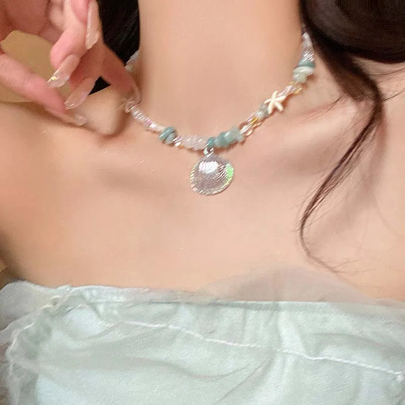 Summer Y2K Cute Shell Starfish Pendant Choker Necklace for Women Elegant Pearl Crystal Beaded Clavicle Chain Party Jewelry Gift