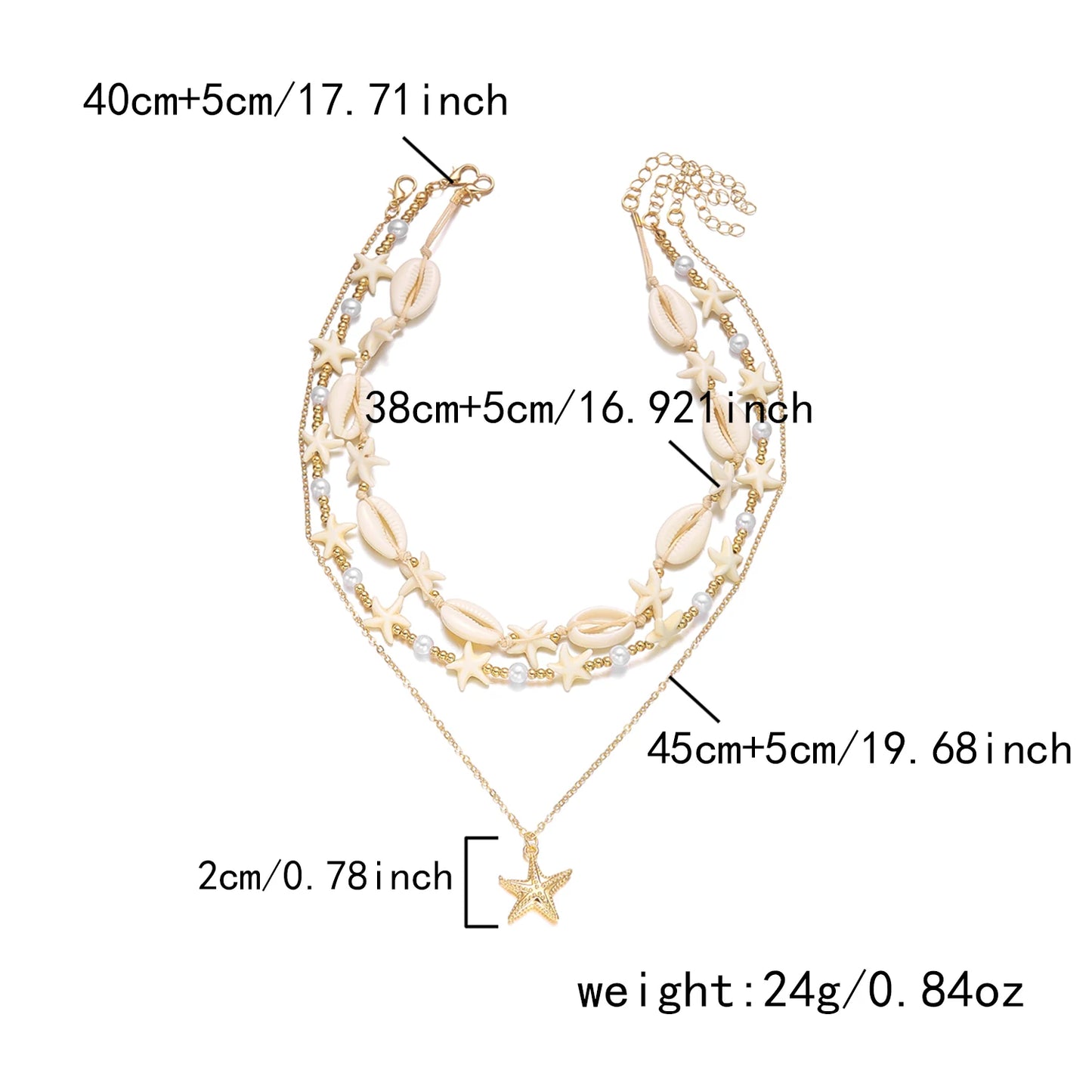 3Pcs Ocean Starfish Shell Conch Seed Bead Choker Layered Summer Beach Vacation Necklace Set