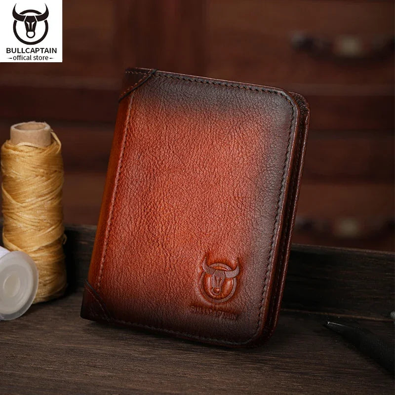 BULLCAPTAIN Men's Genuine Leather Wallet Casual Retro Cash Clip RFID Antimagnetic Multi-Card Slot Cowhide Coin Purse