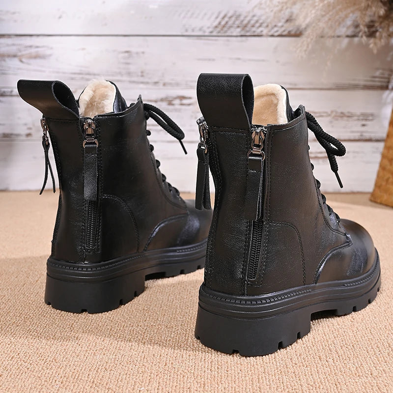 Autumn Winter Thick Plush Ankle Boots Women Fashion Double Zip Platform Motorcycle Boots Woman Non Slip Pu Leather Cotton Botas