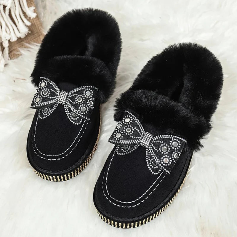 Bowknot Crystal Detor Snow Boot Women Winter Slip On Furry Snow Boots for Woman Round Toe Short Plush Warm Booties Laides