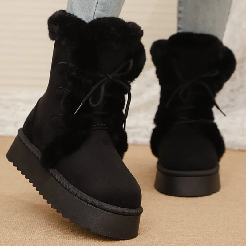 Lace Up Long Plush Snow Boots Women Plus Size 42 Thick Sole Warm Cotton Padded Shoes Woman Thicken Fleece Ankle Boots Female