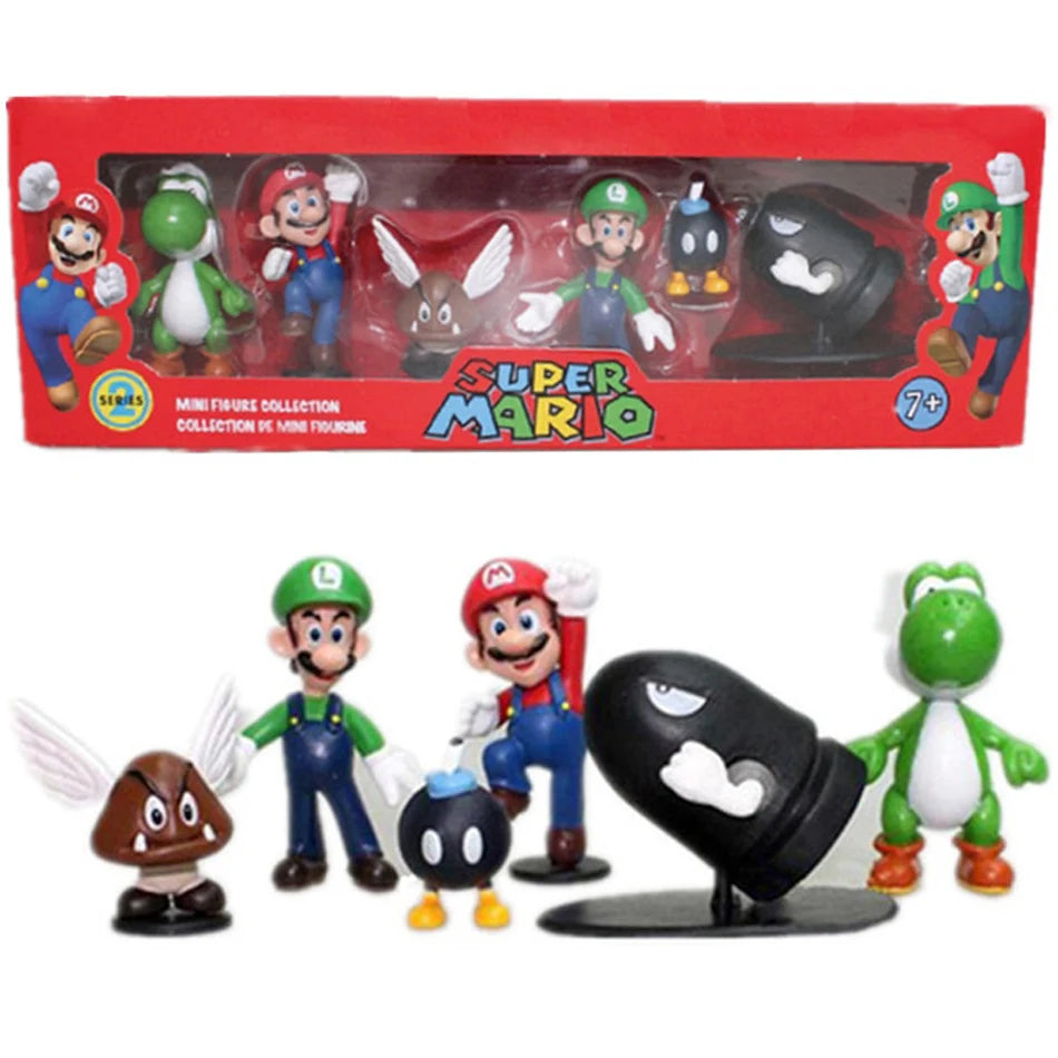 6Pcs Super Mario Bros PVC Action Figures Set Luigi Yoshi Donkey Kong Mushroom