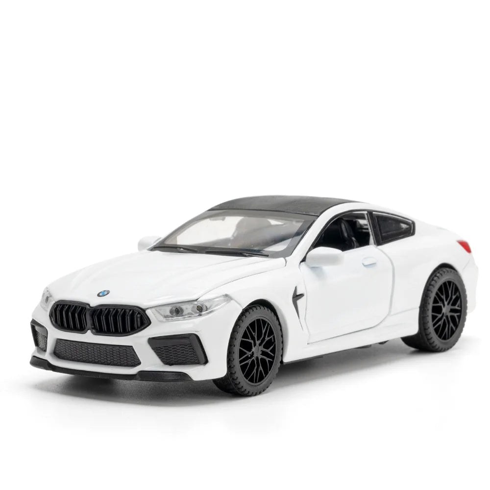 1/32 M8 Miniature Alloy Diecast Toys Car Model Sports Cars 4 Door Can Opened Sound Light Pull Back Vehicle Kids Festival Gift