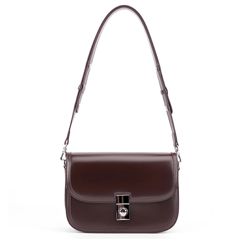Genuine Cowhide Leather Flap Crossbody Bag for Women Vintage Saddle Shoulder Bag with Silver Lock Luxury Designer Messenger bags