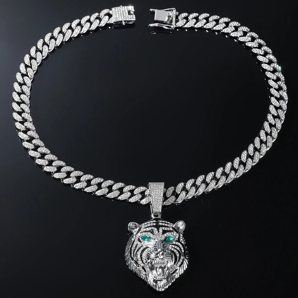 Men Hip Hop 3D Tiger Pendant Necklace with 13mm Crystal Cuban Chain Iced Out Bling Necklaces HipHop Women Fashion Charm Jewelry