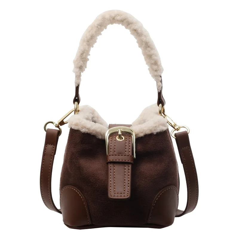 Women's Bags Bucket Shoulder Handbag Autumn Winter Vintage Versatile Lamb Wool Handbag Elegant Fashion Crossbody Bag Wholesale