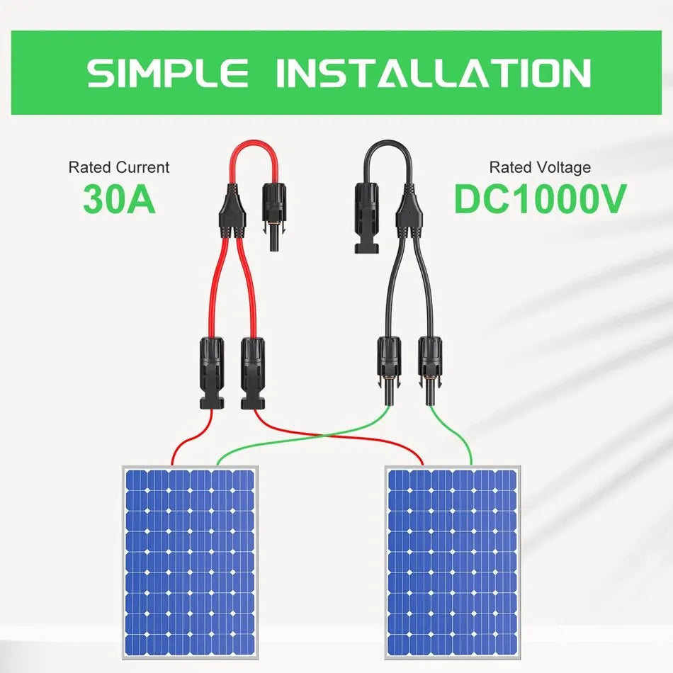 Power Solar Connectors 30A Y-Branch Cable, Solar Cable Parallel Adaptor in Pair for Solar Panel 1*M/FF+1*F/MM Black Red