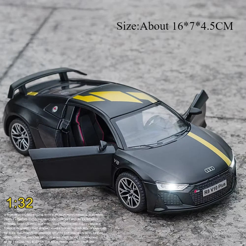 1:32 R8 V10 PLUS E-TRON Car Model Toys Alloy Diecast Vehicles Rubber Tires with Sound Light Pull Back Toy Birthday Gifts for Kid