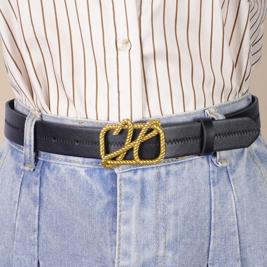 Black Fashionable Casual Women's Belt, Hollowed Out Rope Pattern Buckle, Classic Versatile Women's Belt
