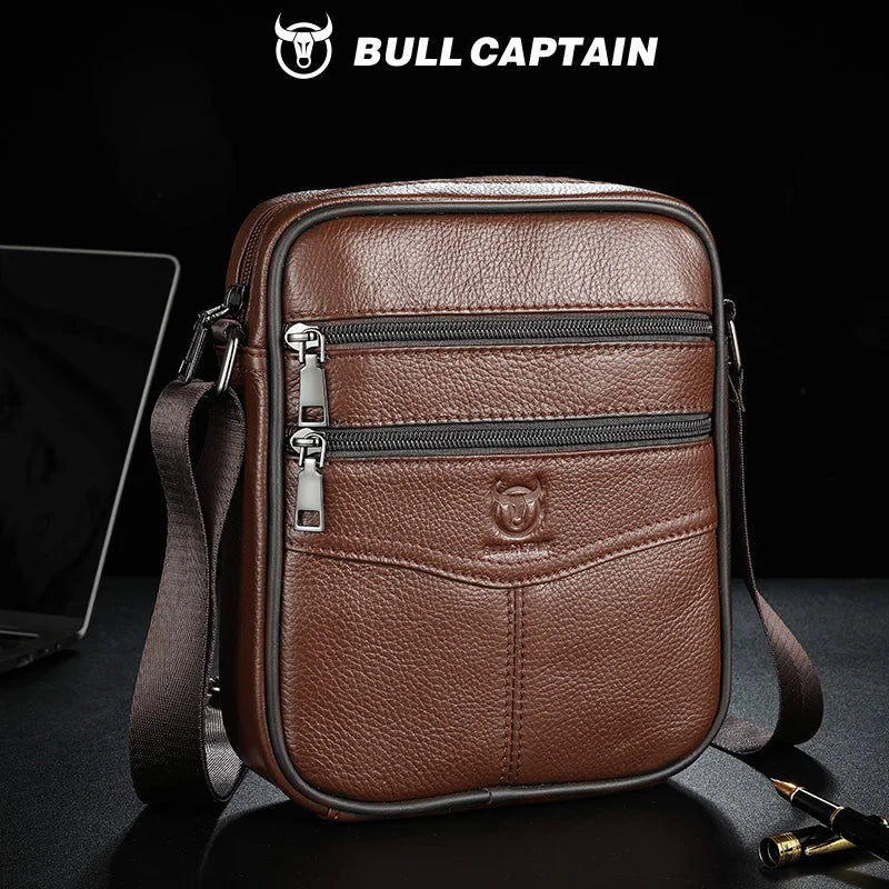 BULLCAPTAIN Men's Shoulder Bag Genuine Leather Casual Business Leather Bag Multifunctional 7.9-inch Flat Panel Postman Bag