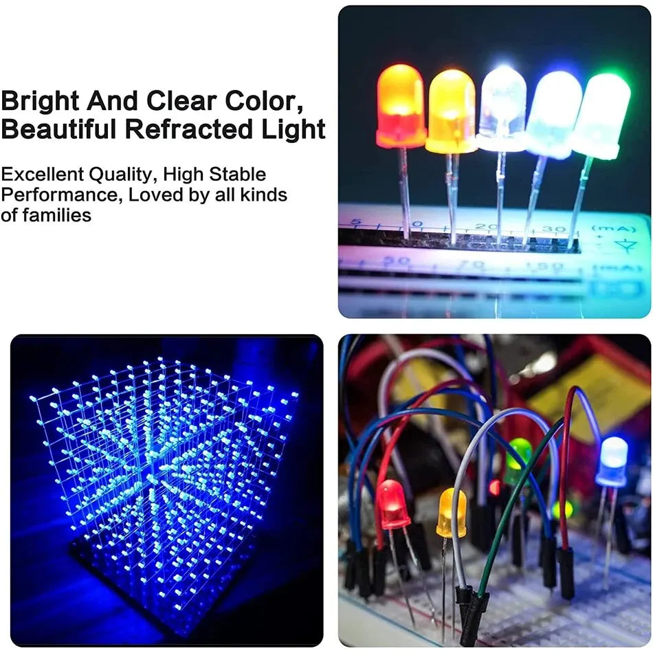200 Pcs Led Diode, 3mm 5mm Clear LED Light Emitting Diodes Bulb LED Lamp Red Green Blue Yellow White, for Science Experiment