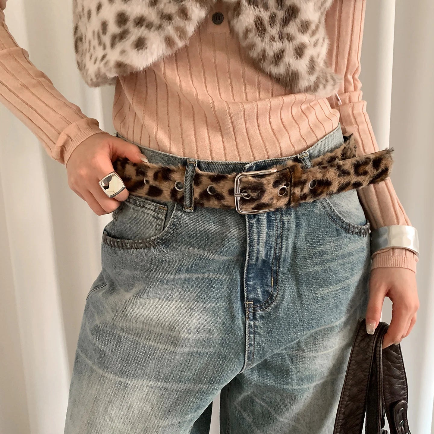 American Sexy Girl Style Pink Leopard Print Belt For Women With Skirt Jeans With Decoration Fluffy Waist Belt