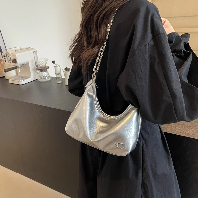 Women PU Casual Tote Handbag Chain Sling Bag Multi-Pockets Simple Satchel Bag