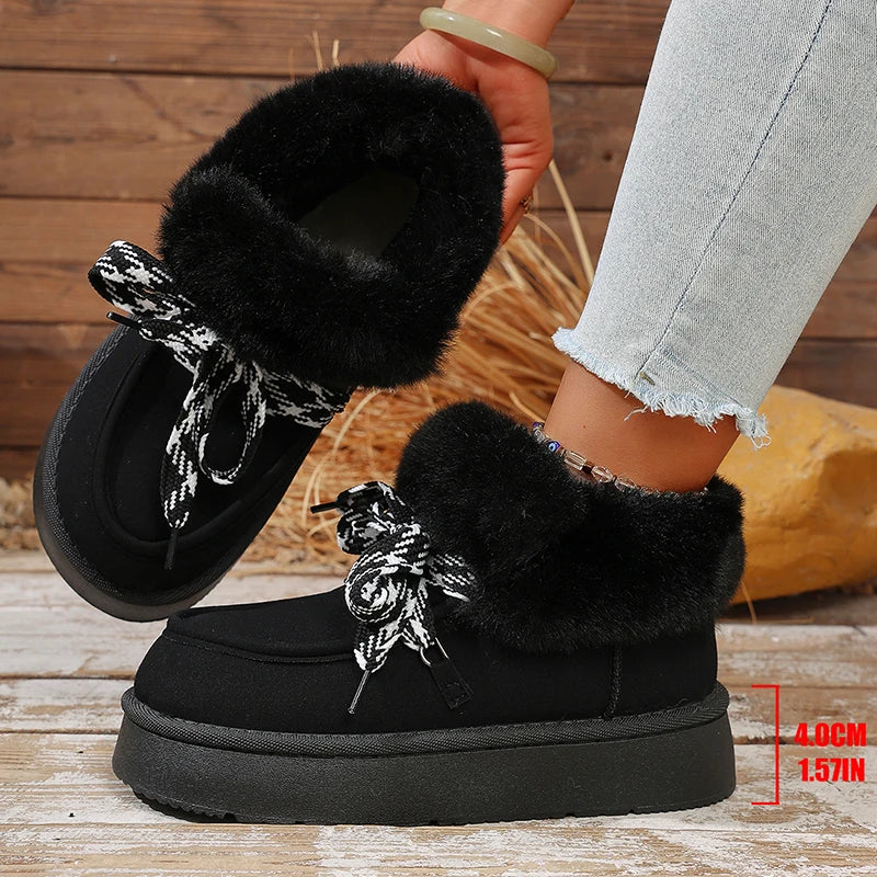 Faux Fur Thick Bottom Snow Boots Women Cross Lace Up Thicken Plush Warm Winter Boots Woman Slip On Platform Ankle Booties Mujer