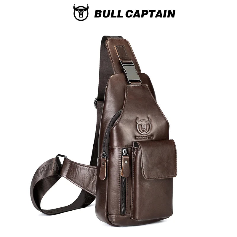 BULLCAPTAIN Men's Leather Breast Bag Fashion Casual Multifunctional Off-Road Crossbody Bag Business Tablet Mobile Leather Bag