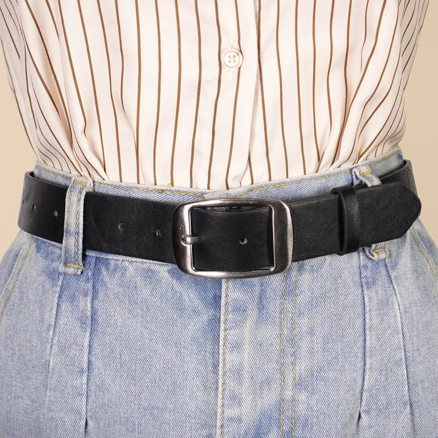 Classic Pu Leather Black Belt Silver Buckle Belt Pu Leather Thin Belt Casual Needle Buckle Belt Pants Jeans Decoration